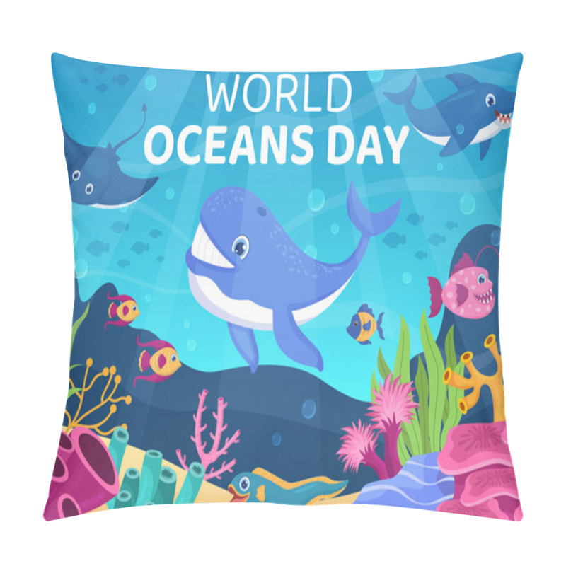 Personality  World Ocean Day Cartoon Illustration With Underwater Scenery, Various Fish Animals, Corals And Marine Plants Dedicated To Helping Protect Or Preserve Pillow Covers