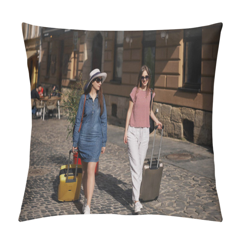 Personality  Walking Down, City Sidewalk, Sunny Street. Two Casually Dressed Young Women Walk Down Cobblestone Street With Suitcases, Enjoying Sunny Day In Urban Setting. Pillow Covers