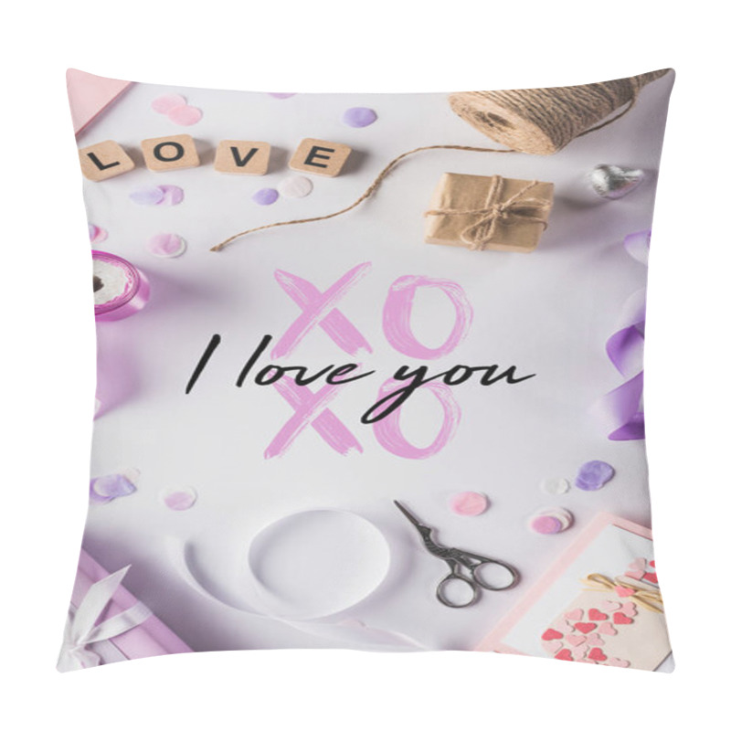 Personality  Top View Of Valentines Decoration, Gifts, Handiwork Supplies And Love Lettering On Cubes On White Background With Xoxo I Love You Illustration Pillow Covers