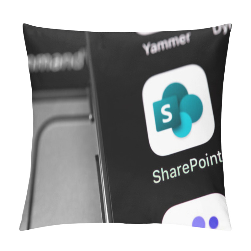 Personality  Microsoft SharePoint Mobile App On Screen Smartphone. Microsoft SharePoint Is A Collection Of Software Products And Components, Collaboration Software. Moscow, Russia - February 16, 2021 Pillow Covers