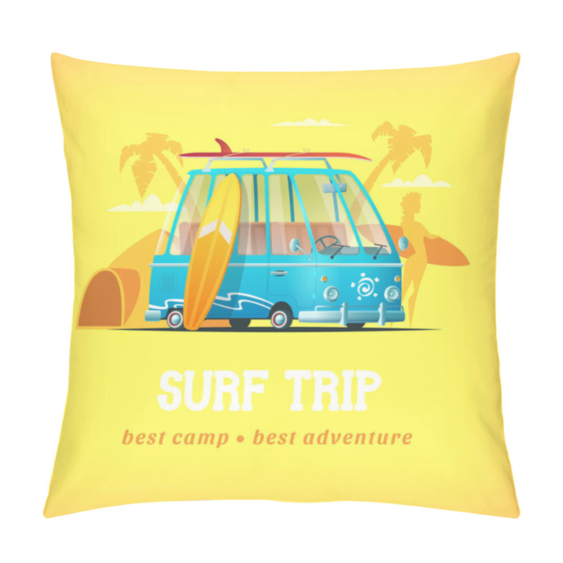 Personality  Surf Camp Vector Illustration. Surf Bus On A Background Of Palm Beach Girl Holding A Surfboard And Camp Tent Pillow Covers