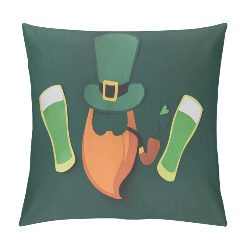 Personality  Top View Of Paper Decoration Of Leprechaun And Beer For St Patricks Day Isolated On Green Pillow Covers