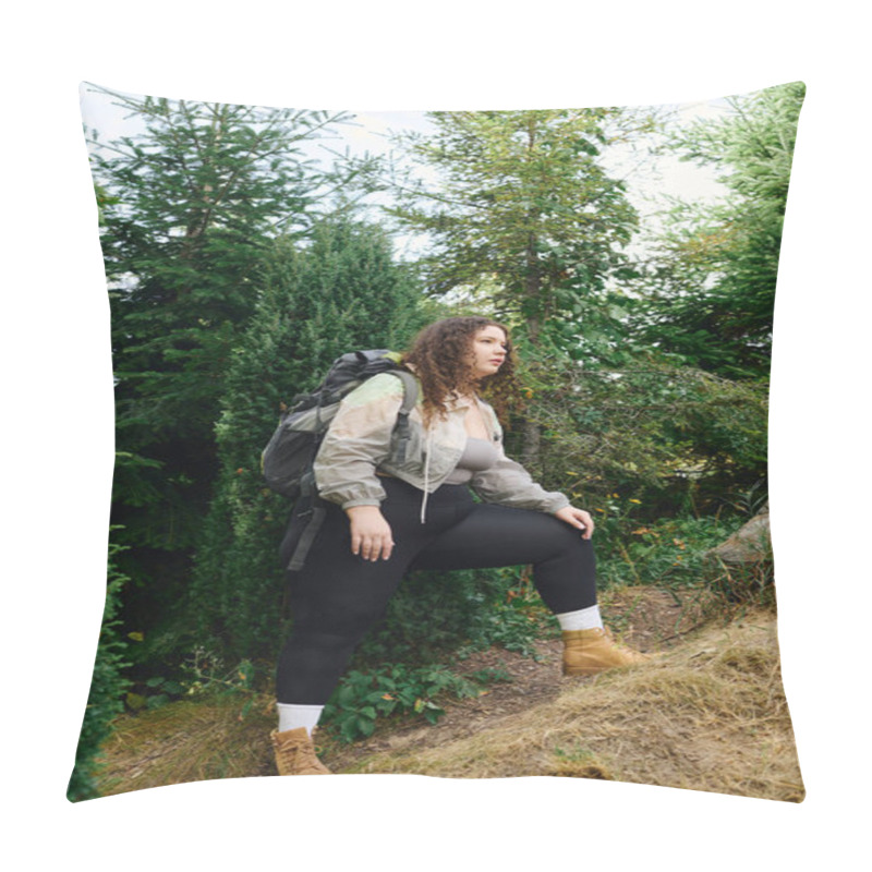 Personality  A Confident Plus Size Woman Walks Through A Vibrant Forest, Enjoying The Beauty Of Nature. Pillow Covers