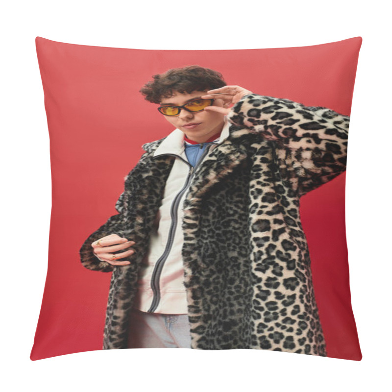 Personality  Handsome Man Showcases Unique Fashion With A Leopard Print Coat And Yellow Sunglasses In A Studio. Pillow Covers