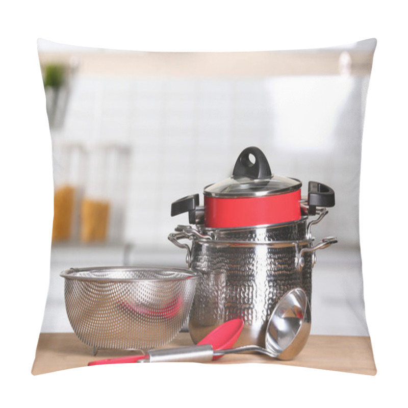 Personality  Set Of Clean Cookware And Utensils On Table In Kitchen Pillow Covers