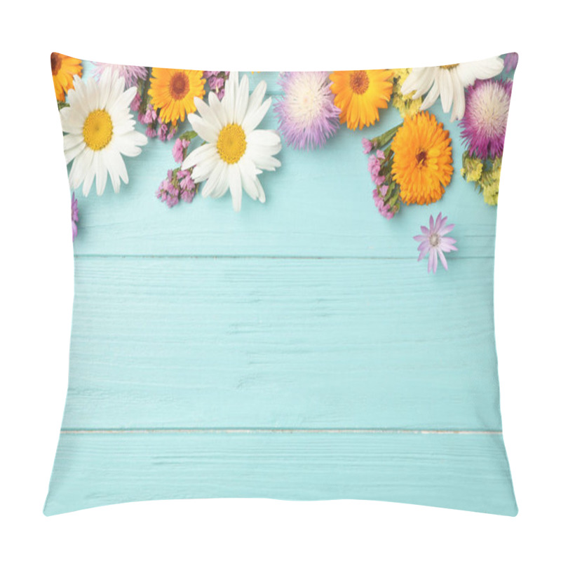 Personality  Flat Lay Composition With Wild Flowers On Wooden Background Pillow Covers