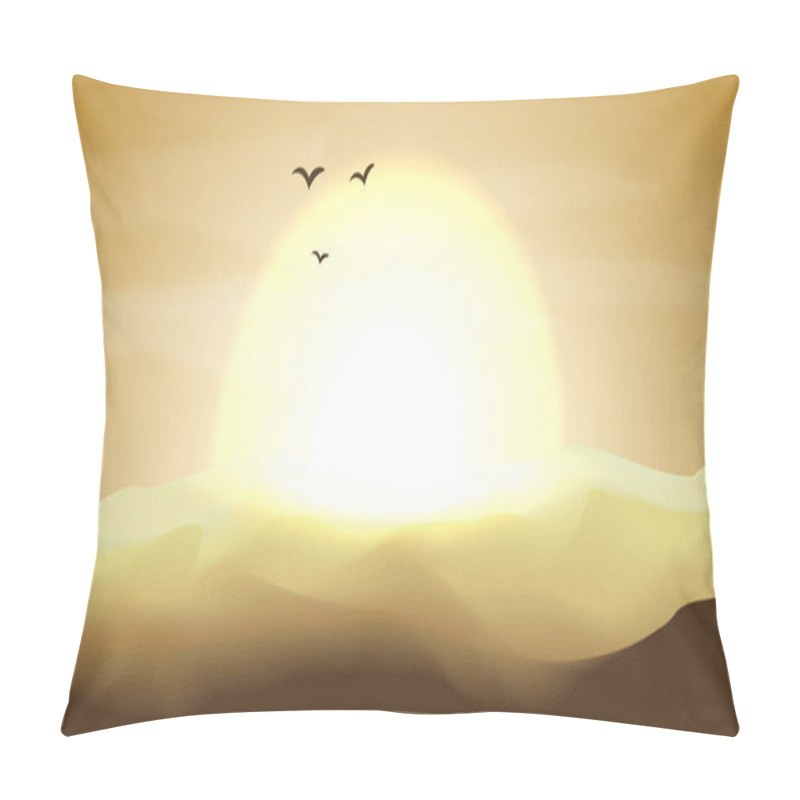 Personality  Hot Yellow And Orange Empty Desert Panoramic Landscape With Dunes And Sunset, Sundown In Gold Yellow Colors. Calm Desert Background, Dune And Hills. Game Deserts Scene With Big Sun, Birds And Clouds Pillow Covers