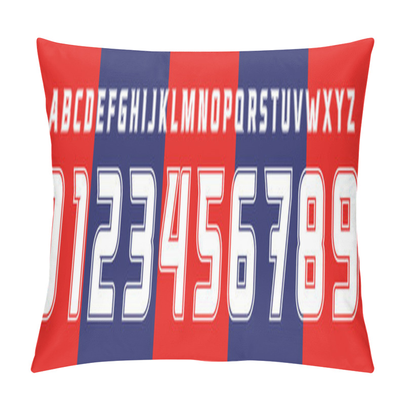 Personality  Bold Outline Sports Font, Blocky Numbers And Letters With Sharp Edges, Ideal For Team Jerseys And Athletic Branding. Strong, Confident Design For Bold Statements. Vector Typeset. Pillow Covers