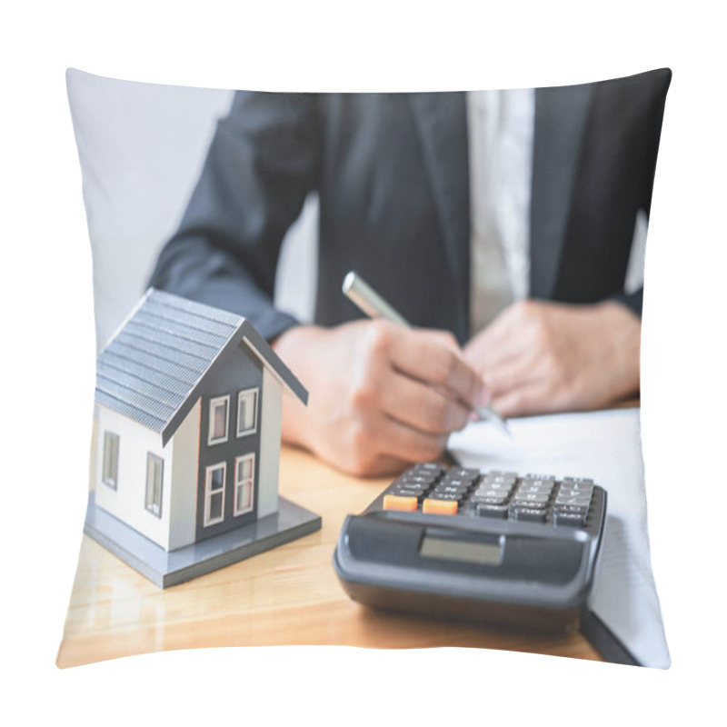 Personality  Real Estate Agent Working Sign Agreement Document Contract For House Insurance Approving Purchases For Client With House Model And Key On Table. Pillow Covers