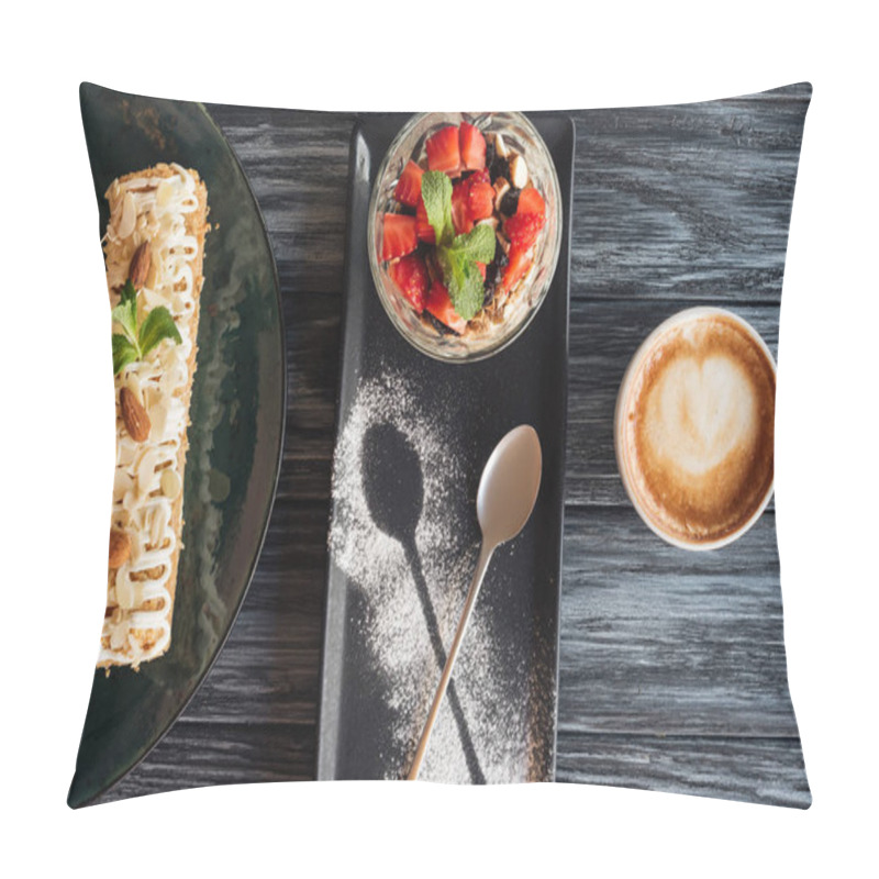 Personality  Top View Of Sweet Gourmet Desserts And Cup Of Coffee On Wooden Table  Pillow Covers