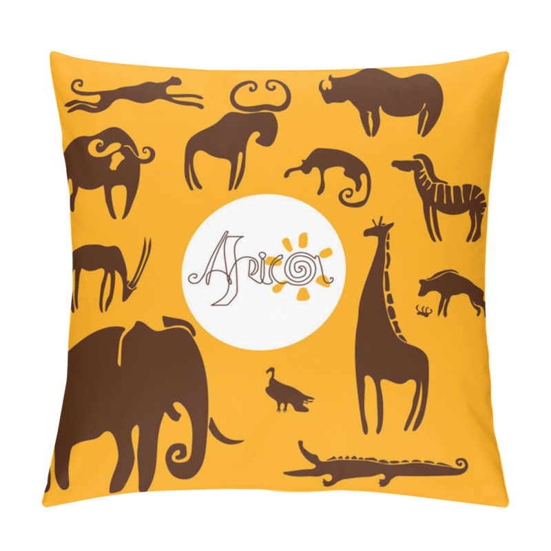 Personality  Africa, Inscription, Set Of African Animals, Vulture, Rhinoceros, Cheetah, Leopard, Buffalo, Oryx, Elephant, Giraffe, Color Vector Illustration On Yellow Background, Silhouettes In Hand Drawn Style. Pillow Covers