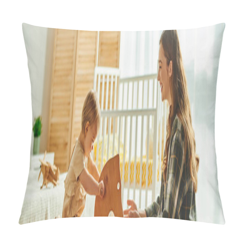 Personality  A Young Girl Joyfully Plays On A Wooden Rocking Horse While Her Mother Watches With A Smile. Pillow Covers