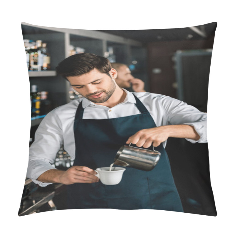 Personality  Handsome Barista In Apron Pouring Milk From Jar At Workplace Pillow Covers