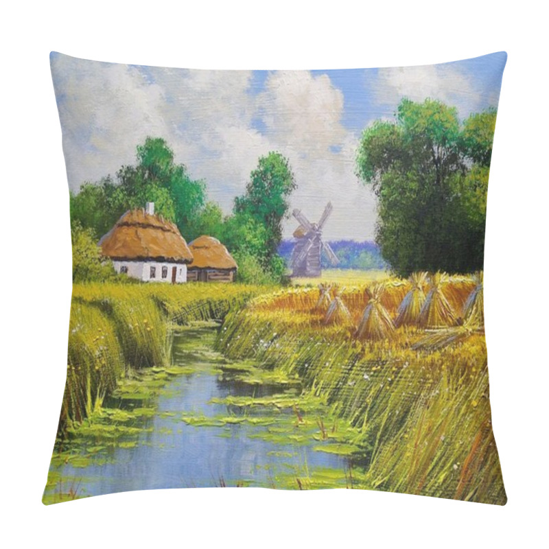 Personality  Old Village In Ukraine, Traditional Ukrainian Rural House, Windmill In The Countryside. Digital Oil Paintings Rural Landscape, Fine Art, Artwork, Landscape With River And Trees Pillow Covers