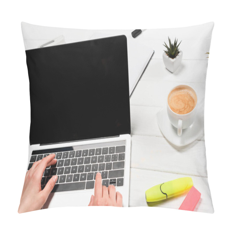 Personality  Cropped View Of Woman Using Laptop At Workplace With Office Supplies And Coffee Pillow Covers