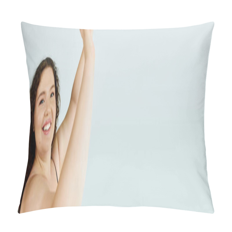 Personality  A Radiant Plus Size Woman Exudes Joy As She Raises Her Arms, Reveling In The Moment. Pillow Covers