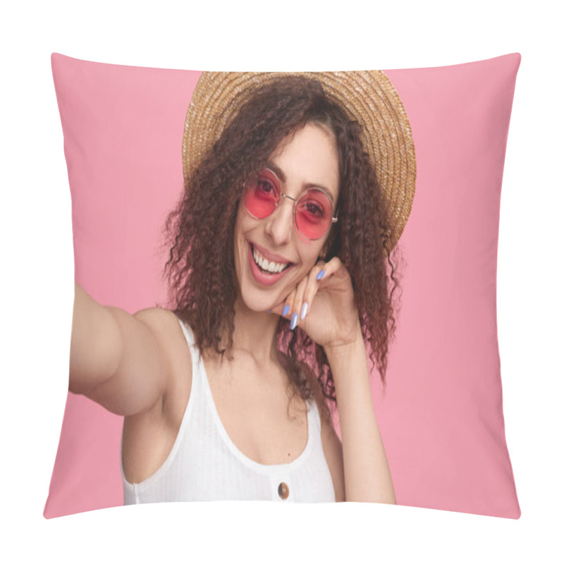 Personality  Content Woman Taking Self Shot In Studio Pillow Covers