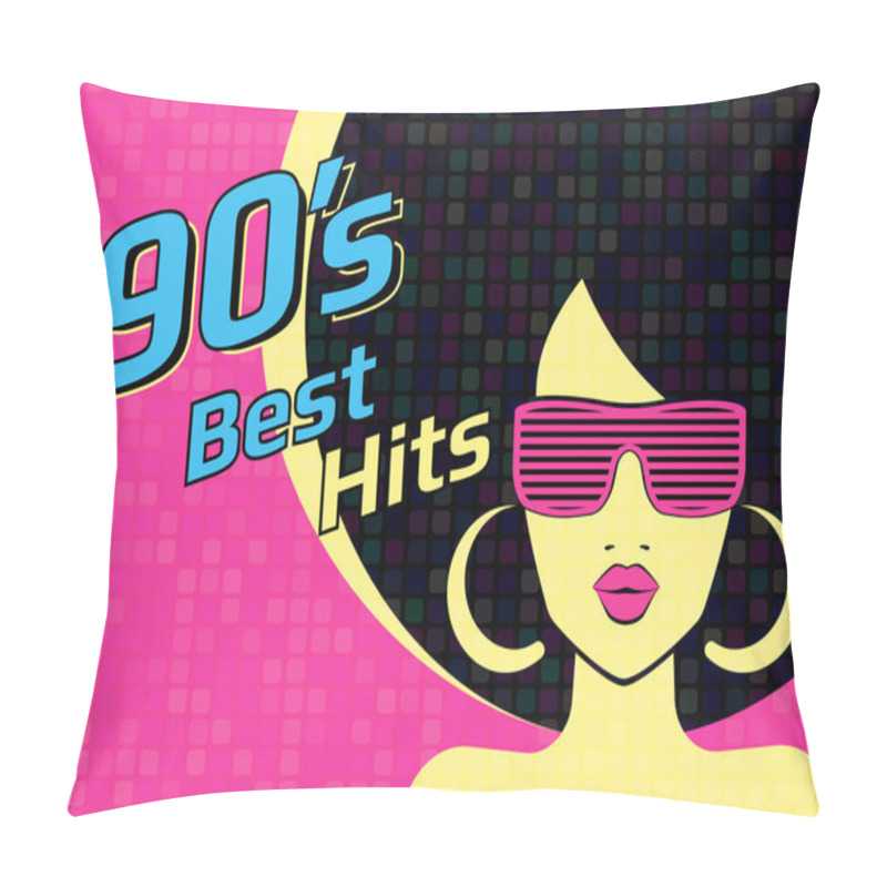 Personality  Best Hits Of 90s Illistration With Disco Woman Wearing Glasses And On Pink Background Pillow Covers