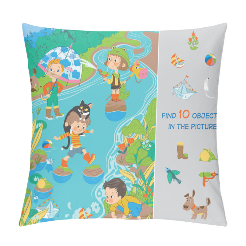 Personality  Spring, Warm Stream. Funny Children's Games With Water. Vector Illustration. Find 10 Items In The Picture. Pillow Covers