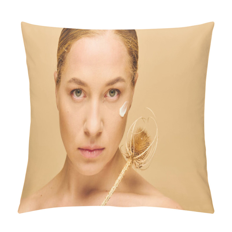 Personality  A Confident Plus Size Woman Applies Cream To Her Face While Emanating Beauty And Self Love. Pillow Covers