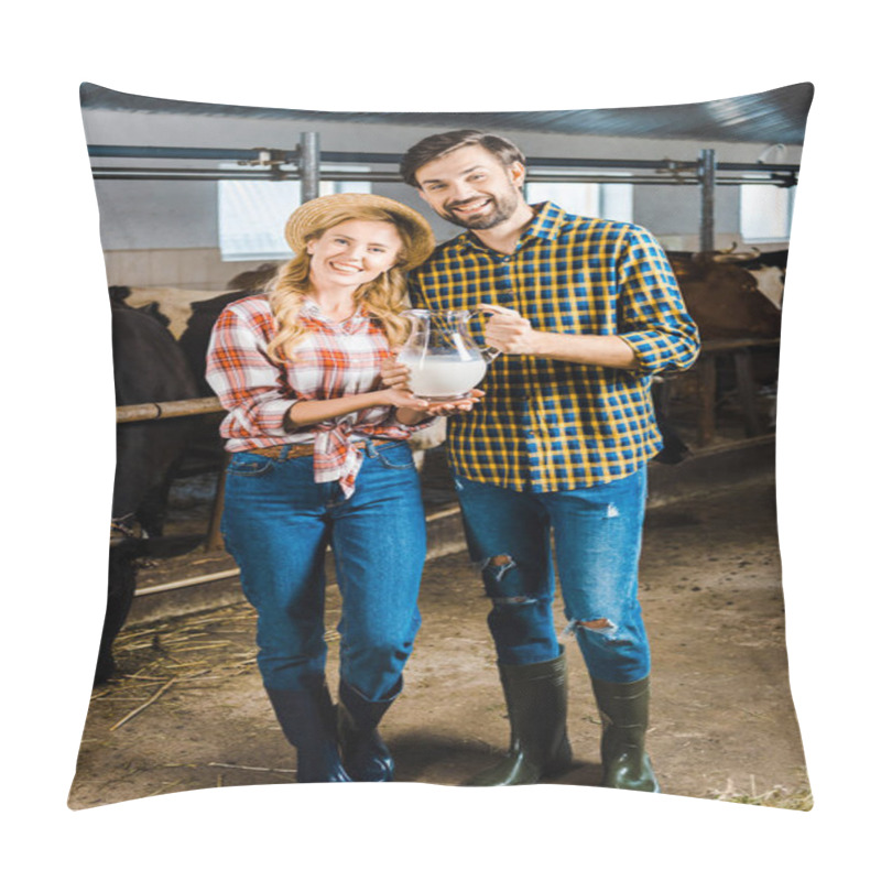 Personality  Smiling Couple Of Farmers Holding Jug Of Milk In Stable  Pillow Covers