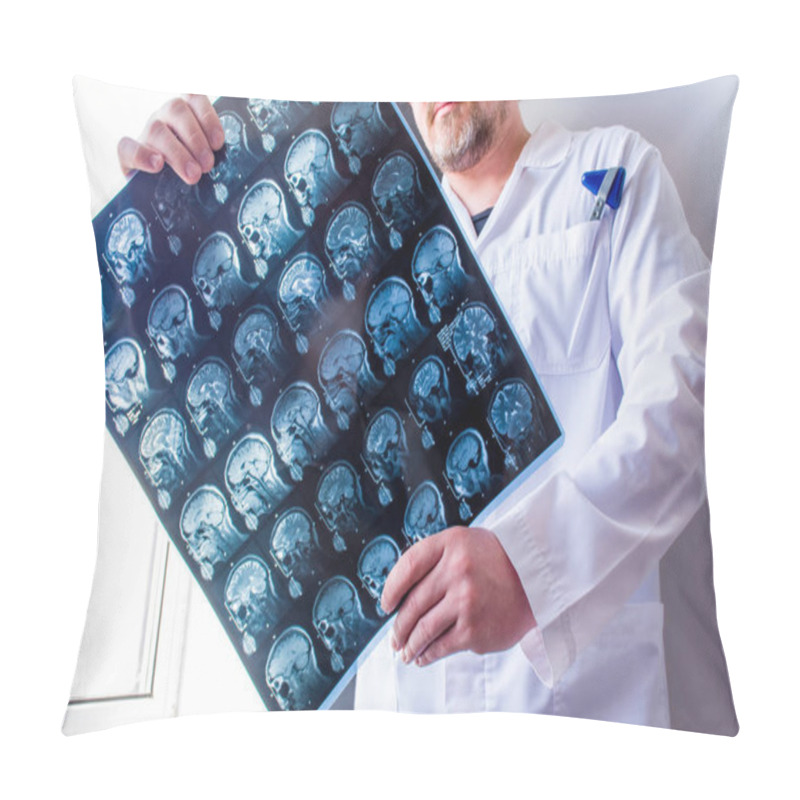 Personality  Doctor Examines MRI Scan Of Head, Neck And Brain Of Patient, Holding In Hands. Concept Photo Of Instrumental Diagnostics Anatomy Of Organs Of Nervous System To Determine Cause Of Disease Like Headache Pillow Covers