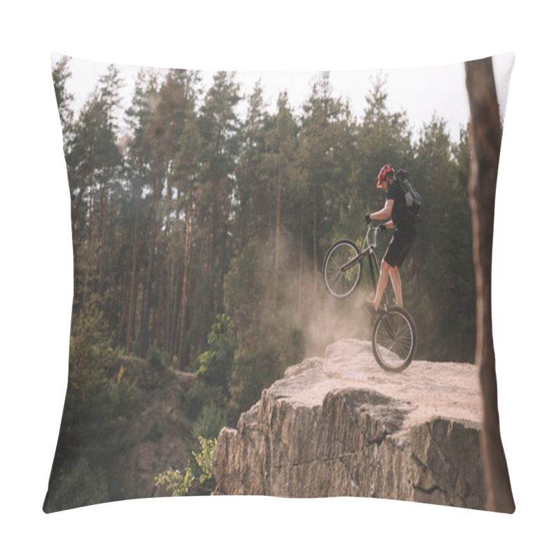 Personality  Trial Biker Balancing On Back Wheel On Rocks Outdoors Pillow Covers