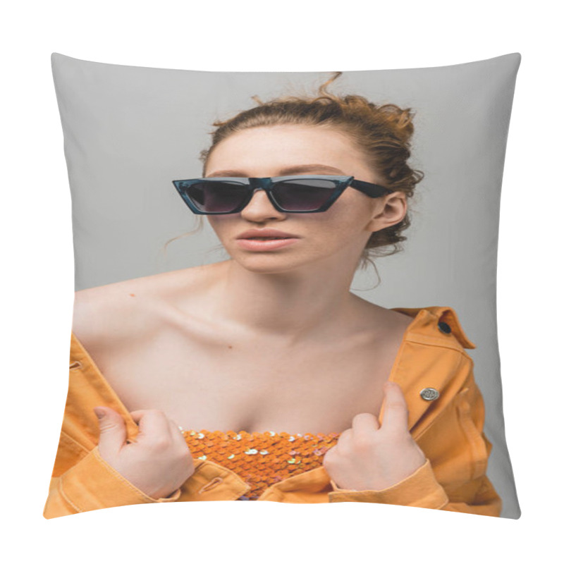 Personality  Young And Redhead Woman In Sunglasses And Top With Orange Sequins Touching Orange Denim Jacket And Posing Isolated On Grey Background, Trendy Sun Protection Concept, Fashion Model  Pillow Covers