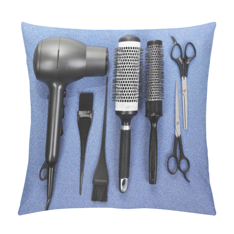 Personality  Hairdressing Tools On Blue Background Pillow Covers