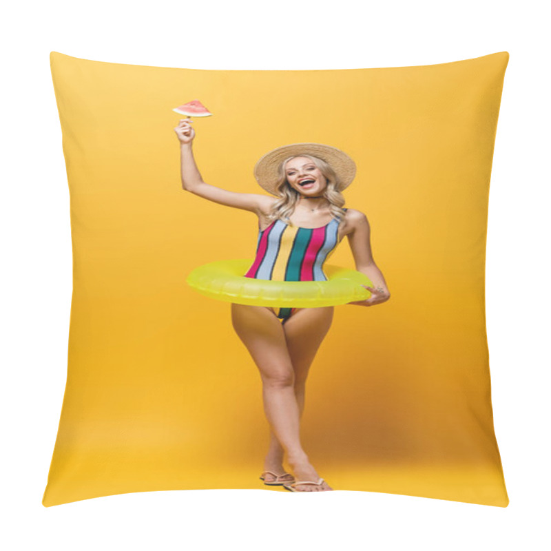 Personality  Full Length Of Amazed Woman Standing With Inflatable Ring And Holding Popsicle Stick With Watermelon On Yellow Pillow Covers