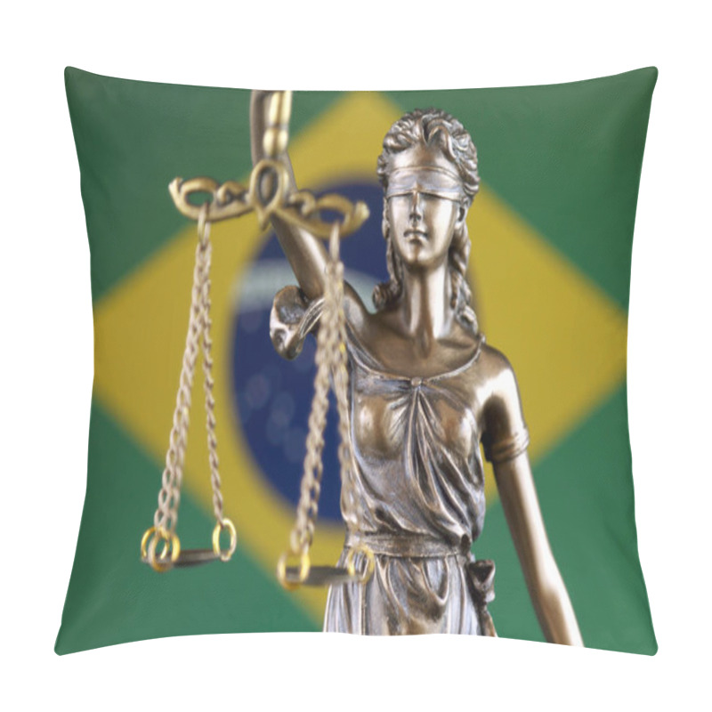 Personality  Symbol Of Law And Justice With Brazil Flag. Close Up. Pillow Covers