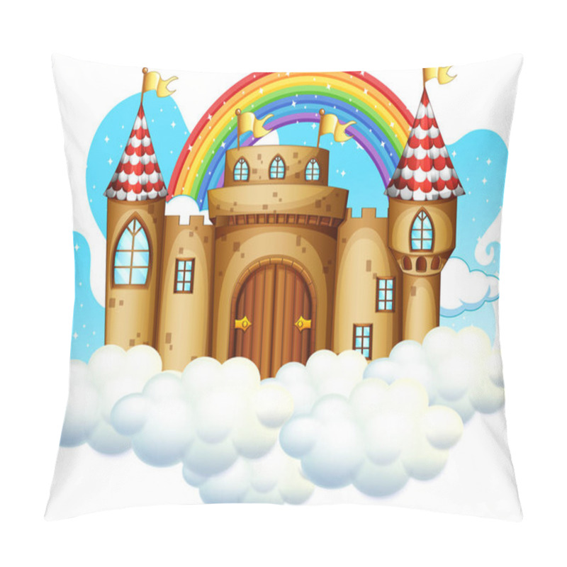 Personality  Castle With Rainbow On The Cloud Isolated On White Background Illustration Pillow Covers