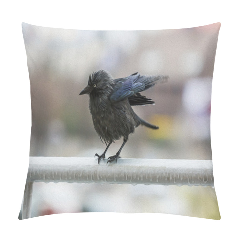 Personality  Miserable Wet Crow Clutching Balcony Rail In The Rain Oil-painti Pillow Covers