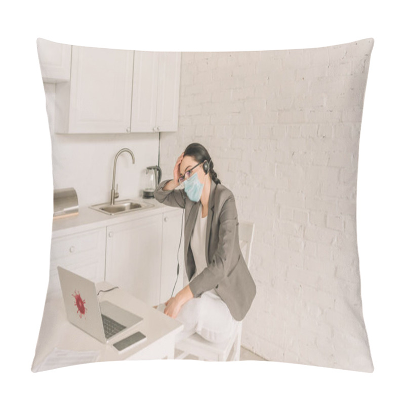 Personality  Tired Businesswoman In Blazer Over Pajamas, Medical Mask And Headset Sitting Near Laptop While Working At Home Pillow Covers