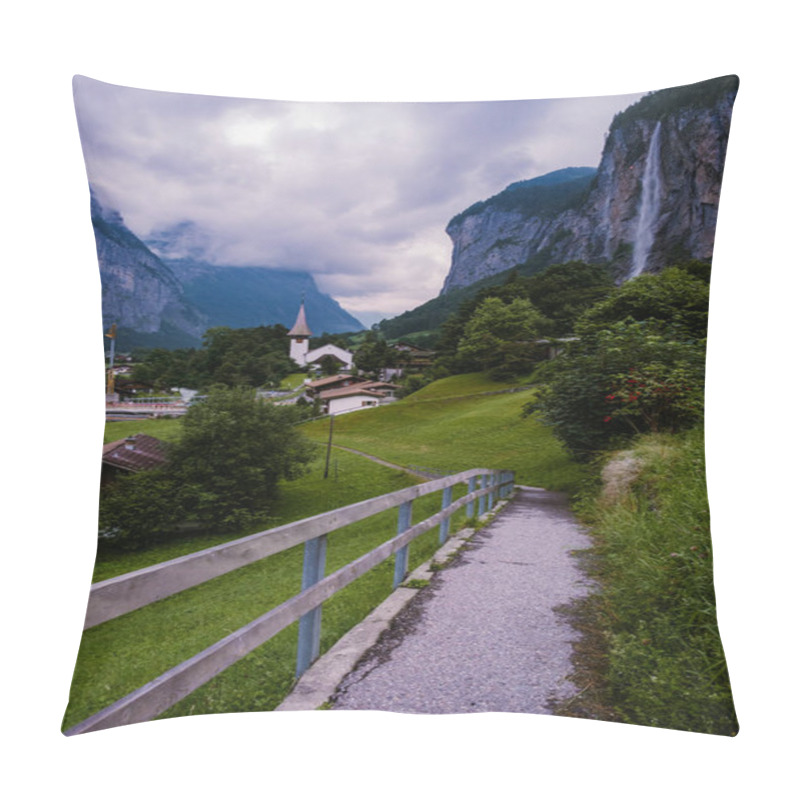 Personality  Lauterbrunnen Valley, Village Of Lauterbrunnen, The Staubbach Fall, And The Lauterbrunnen Wall In Swiss Alps, Switzerland. Pillow Covers