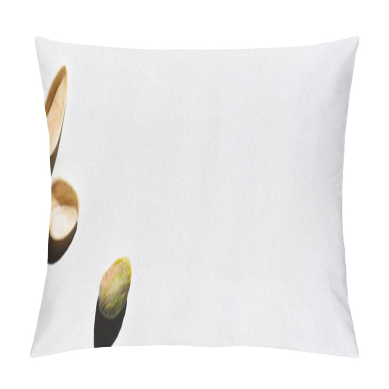 Personality  Top View Of Cracked Green And Salty Pistachio On White Background, Banner Pillow Covers