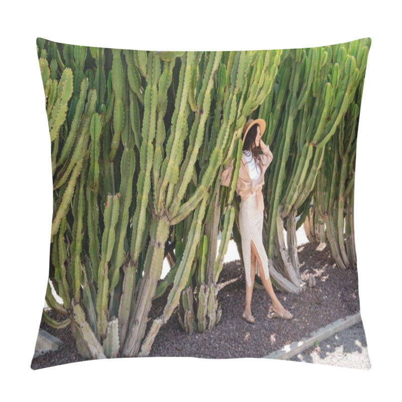 Personality  Full Length Of Woman In Straw Hat And Skirt Near Green Huge Cactuses Pillow Covers