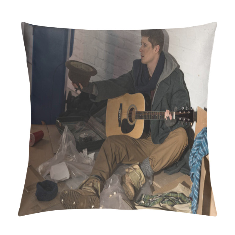 Personality  Homeless Man With Guitar Sitting On Rubbish Dump And Holding Hat In Stretched Hand Pillow Covers