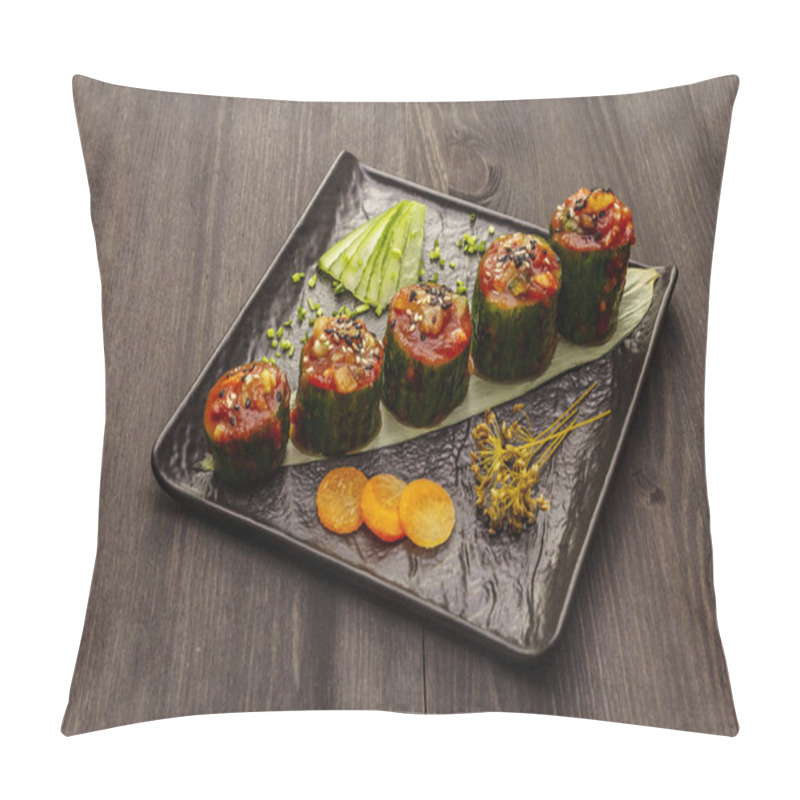 Personality  Korean Style Stuffed Cucumbers. Kojori Kimchi Spicy Snack. Fermented And Marinated Vegetables. Black Wooden Boards Background, Close Up Pillow Covers