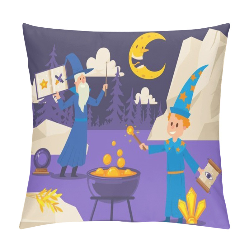 Personality  Old Wizard Teaches Young Student To Cook Magical Potion, Vector Illustration. Flat Style Outdoor Scene With Cartoon Characters. Boy With Magic Wand And Spell Scroll At Night Pillow Covers