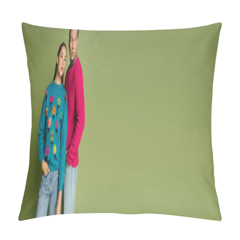 Personality  A Young Attractive Duo Stands Confidently In Vibrant Sweaters, Showcasing Modern Fashion Trends. Pillow Covers