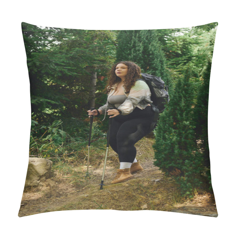 Personality  A Confident Woman Embraces Nature While Hiking Peacefully Through Vibrant Greenery. Pillow Covers