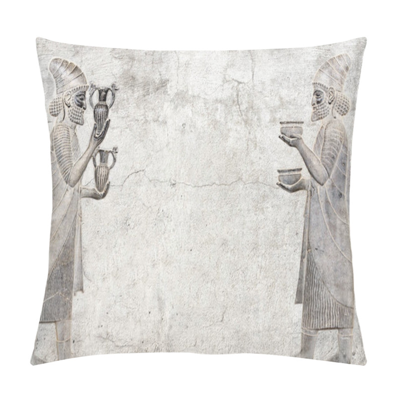 Personality  Ancient Wall With Bas-relief With Two Foreign Ambassadors With Gift And Donation, Persepolis, Iran. Horizontal Background With Embossed Image Persian Bearded Man. Mock Up Template. Copy Space For Text Pillow Covers