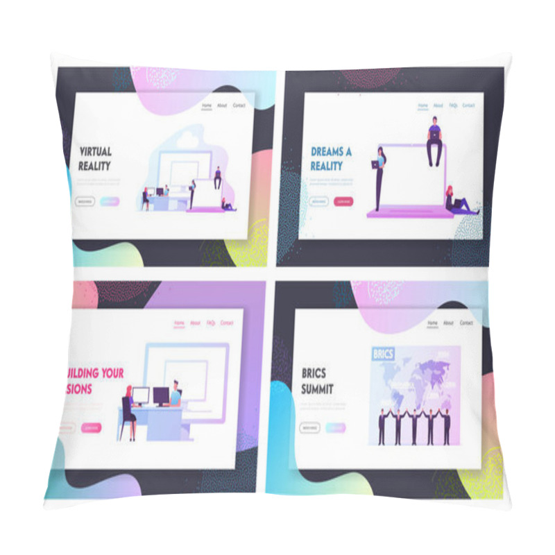 Personality  Virtual Machines, Brics Landing Page Template Set. Tiny People Characters Use Pc Software Building Vms Virtualized Cloud Computing Environment. Country Leaders Hold Hands. Cartoon Vector Illustration Pillow Covers