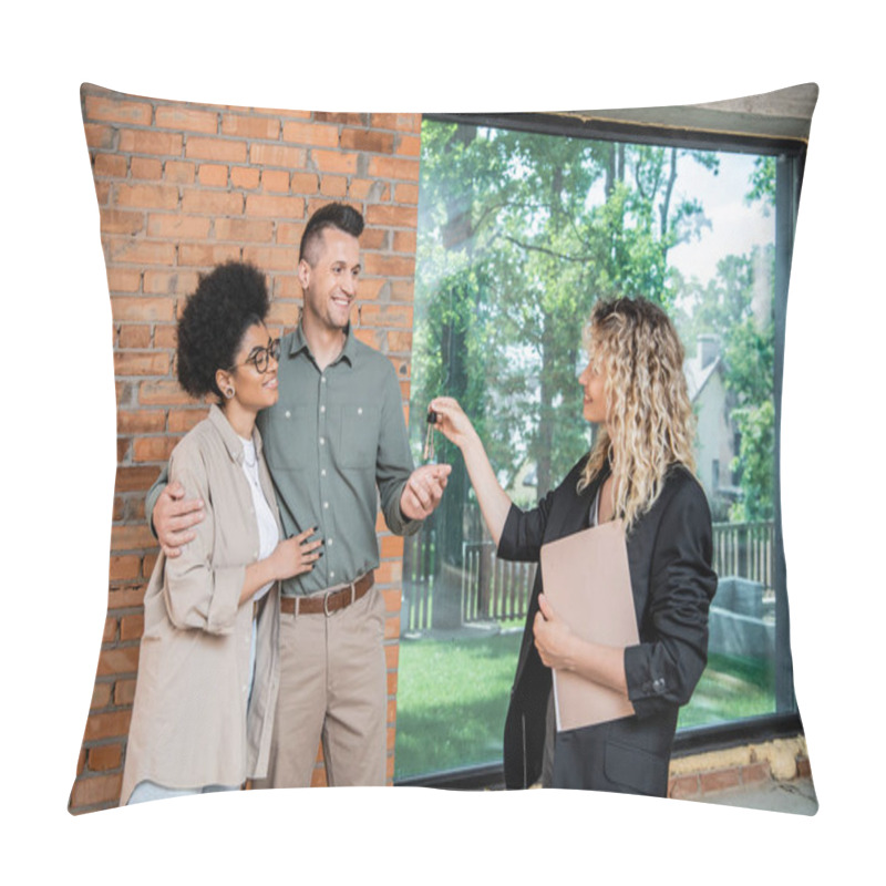 Personality  Real Estate Broker With Documents Giving Keys From New House To Pleased Multicultural Couple Pillow Covers