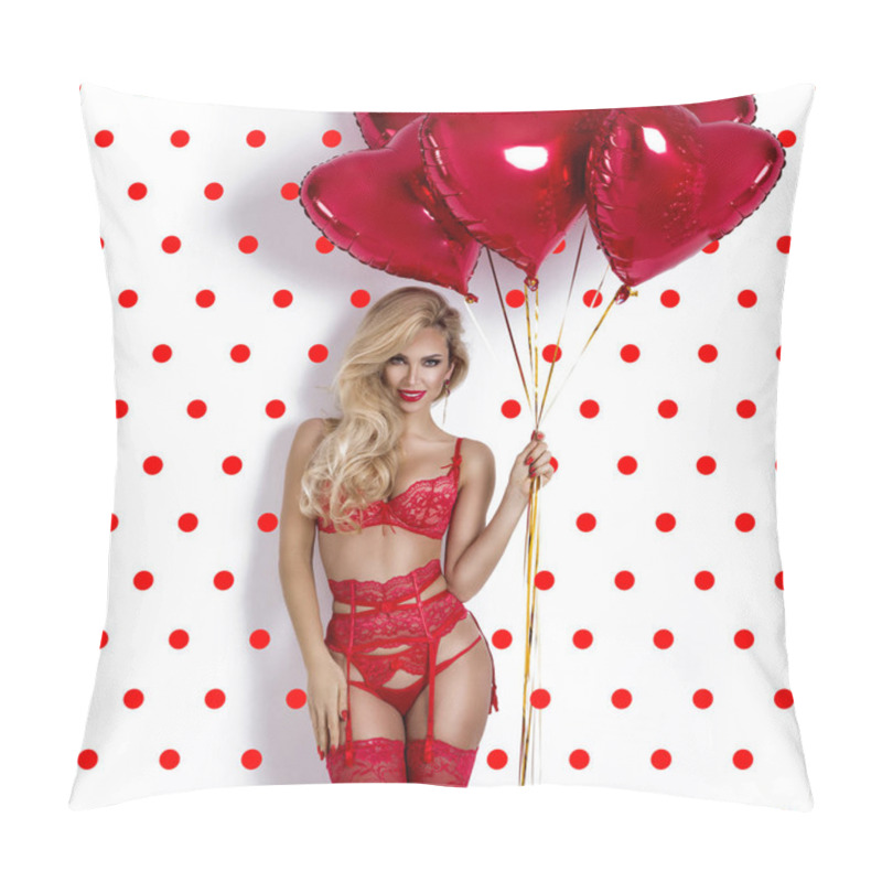 Personality  Valentine Beauty Girl With Red Air Balloon Isolated On Polka Dots Background. Beautiful Happy Young Woman In Red Erotic Lingerie. Holiday Party, Birthday. Joyful Model - Image Pillow Covers