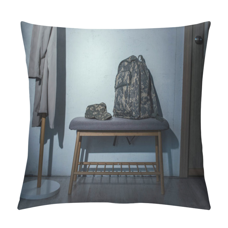 Personality  Military Backpack And Cap On Bench In Hallway At Home At Night  Pillow Covers