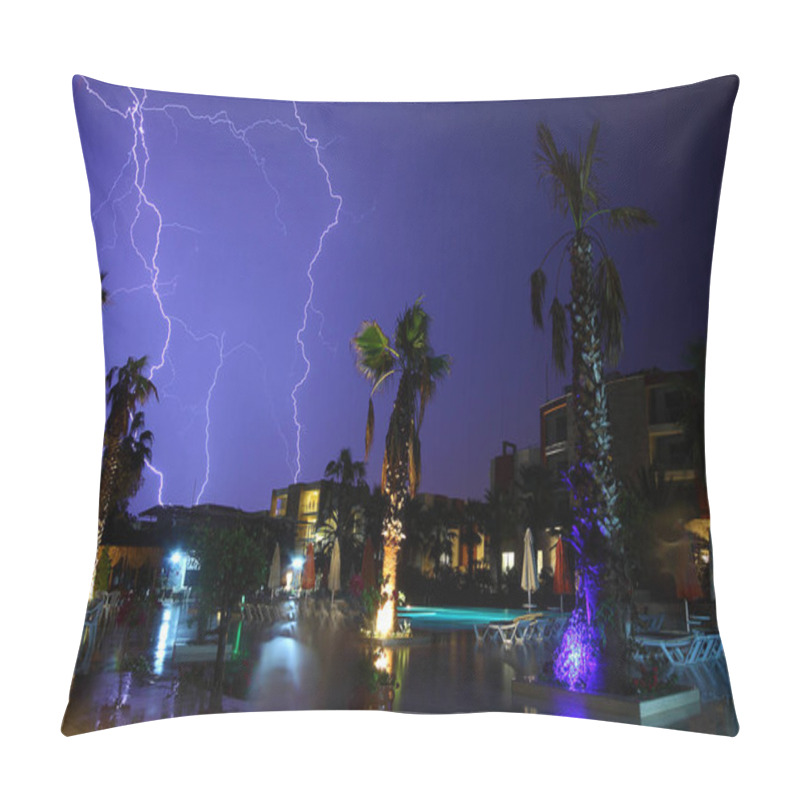 Personality  View Of Lightning Strike Over A Rural Farm Field, Lightning Strikes The Ground, Strong Thunder, Lightning, Dark Clouds In The Sky In The Midwest. Pillow Covers