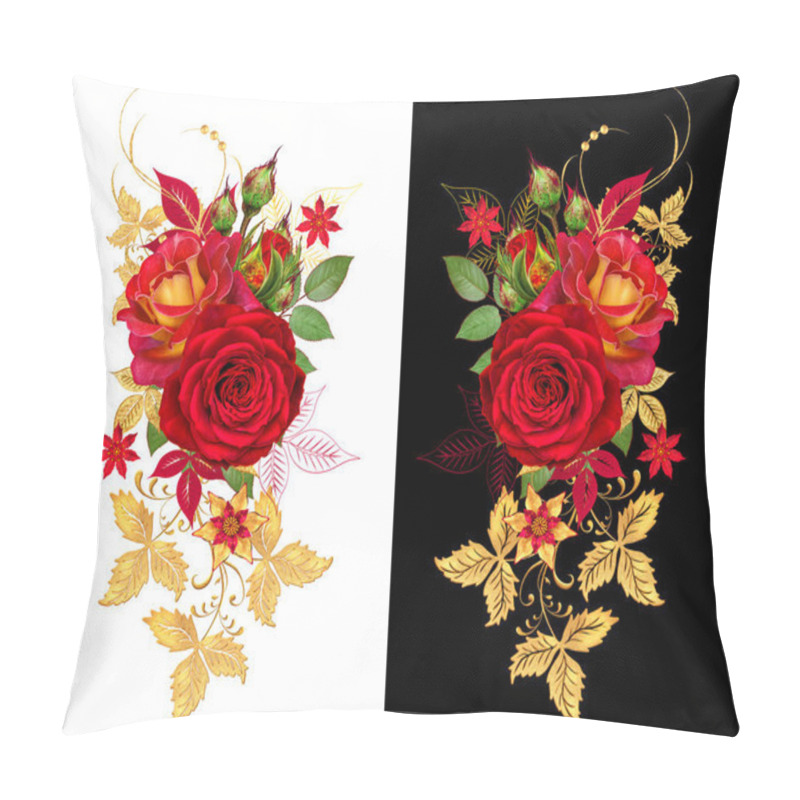 Personality  Decorative Corner Vignette. Golden Curl, Glittering Leaves, Flower Rinds, Red Roses. Isolated On White Background. Pillow Covers