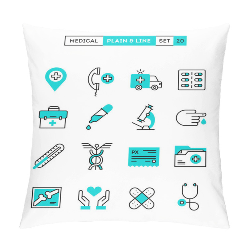 Personality  Medicine, Health Care, Emergency, Pharmacology And More. Plain And Line Icons Set, Flat Design, Vector Illustration Pillow Covers